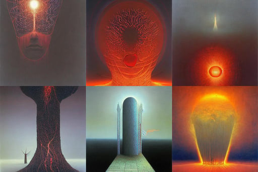 Yes I know the secrets of the circuitry mind, It's a flaming wonder telepath, by Zdzisław Beksiński, oil on canvas