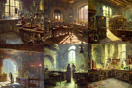 The alchemist's laboratory by Greg Rutkowski and Claude Monet, oil on canvas