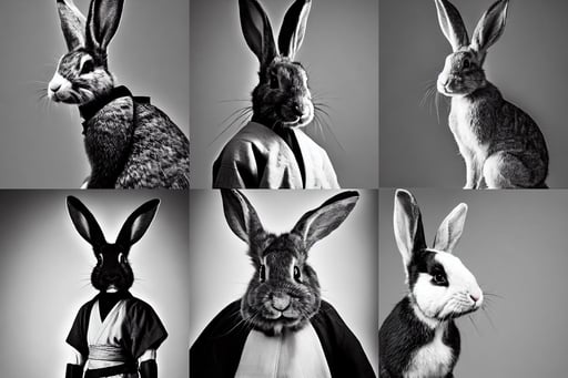 a realistic black and white photo of a rabbit samurai