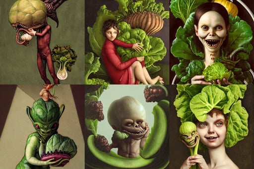 a smiling imp holding lettuce, Tom Bagshaw, Narrow steep staircase, artstation, art by Paolo Uccello, creature xenomorph monster fetus, art by Andrea Mantegna, Full body image
